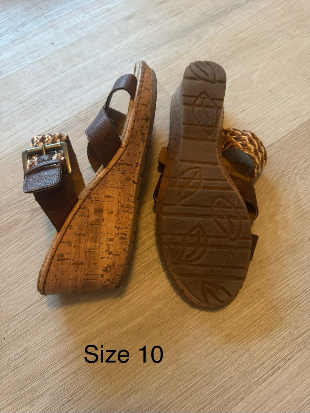b.o.c. Brown Braided Leather Cork Wedge Sandals